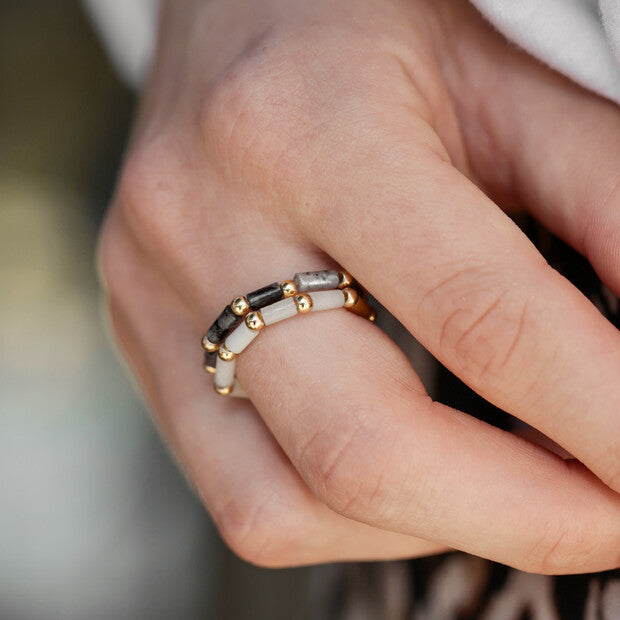 Lisa Angel Set of 2 Semi-Precious Stone Beaded Rings in Grey and Green