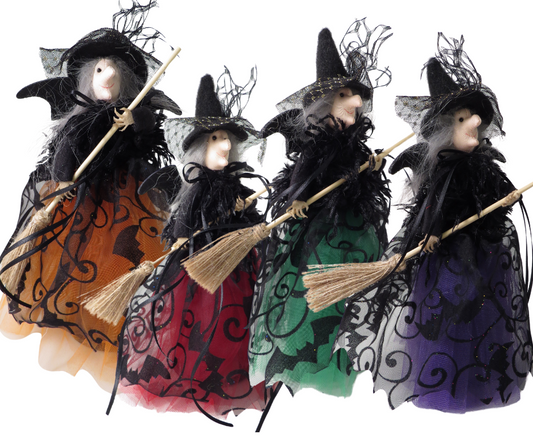 Traditional Halloween Standing Witch with Broom - 28cm - 4 colours available | Giftware Trading