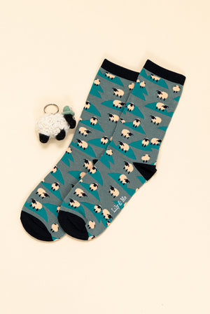 Sheep Themed Bamboo Socks & Keyring Gift Box