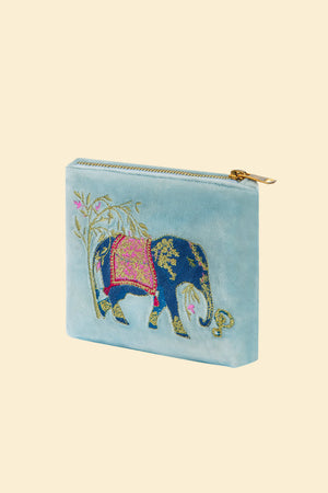 Elephants Velvet Mini Pouch - Cornflower