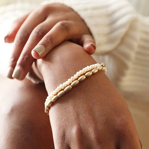 Lisa Angel Pearl and Matte Bead Layered Bracelet in Gold