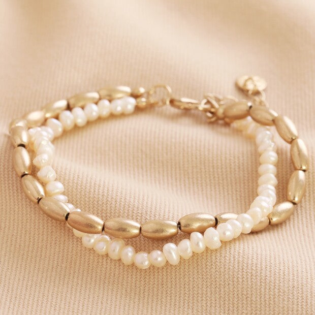 Lisa Angel Pearl and Matte Bead Layered Bracelet in Gold