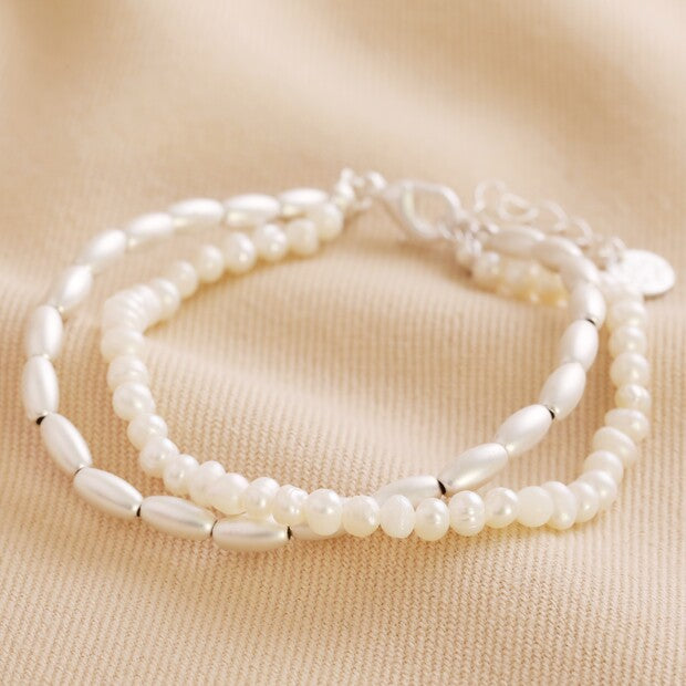 Lisa Angel Pearl and Matte Bead Layered Bracelet in Silver